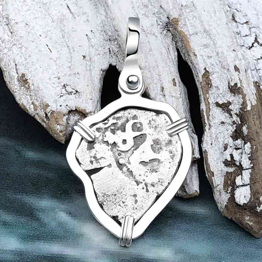 Heart Shaped 1715 Fleet Shipwreck Spanish 1/2 Reale &quot;Piece of 8&quot; Sterling Silver Pendant