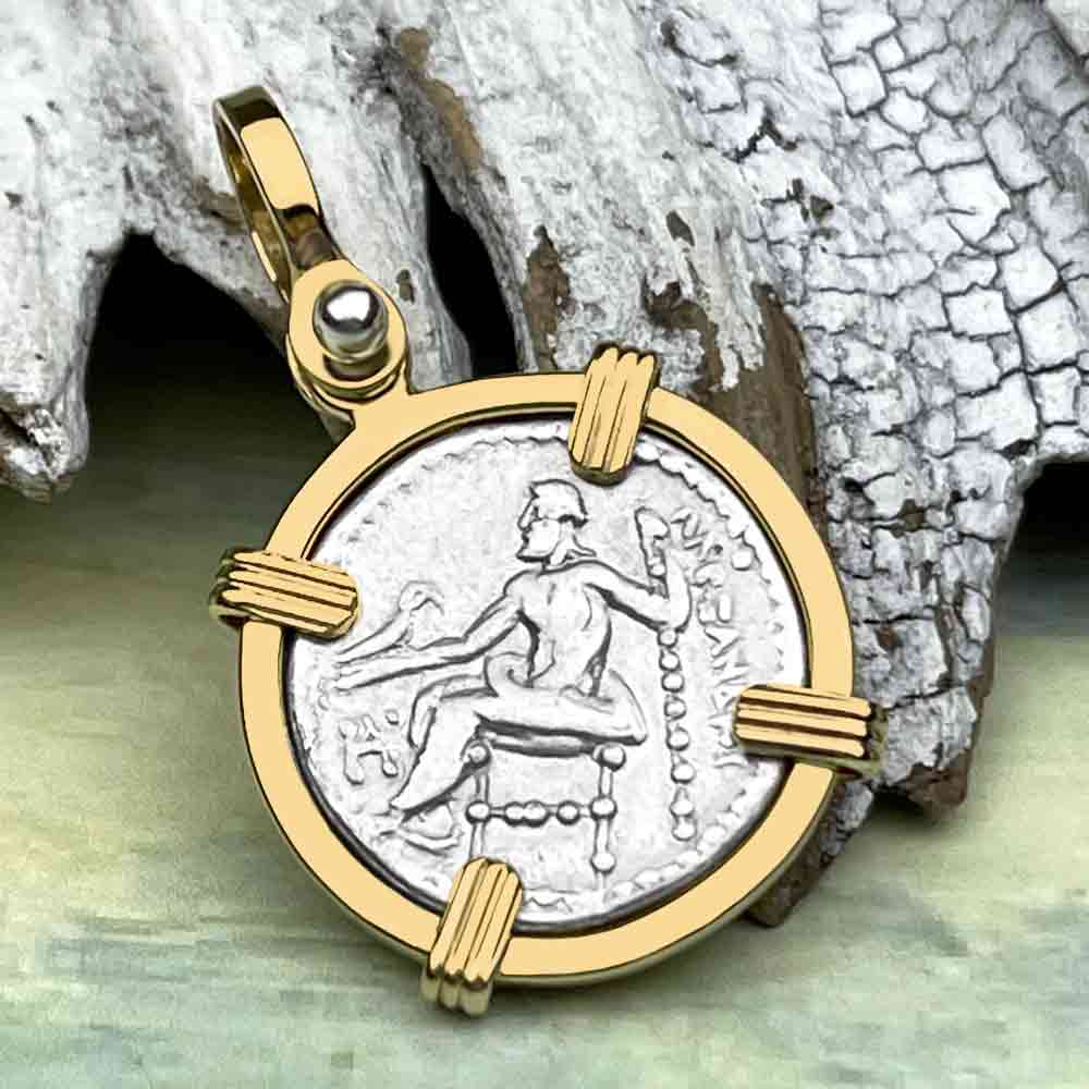 Ancient Greek Alexander the Great Silver Drachm Coin 14K Gold Pendant