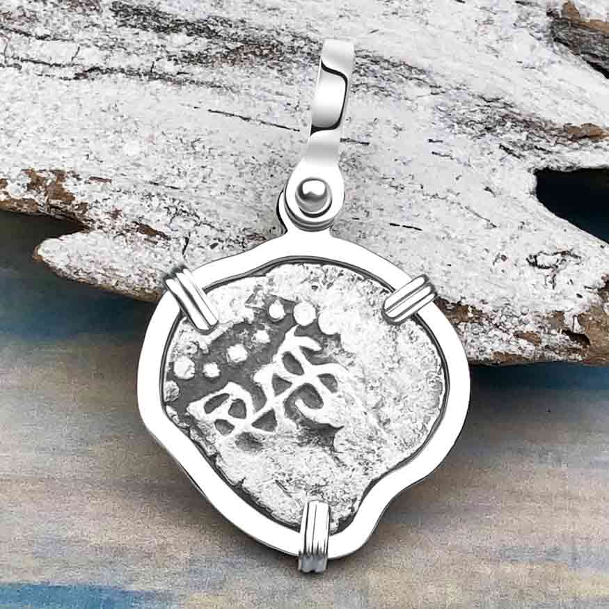 Heart Shaped Dated 1728 Rimac River &quot;Good Luck&quot; Spanish 1/2 Reale &quot;Piece of Eight&quot; Sterling Silver Pendant