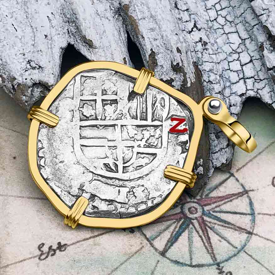 RARE DATED Pirate Era 1649 Spanish 2 Reale &quot;Piece of Eight&quot; 14K Gold Pendant