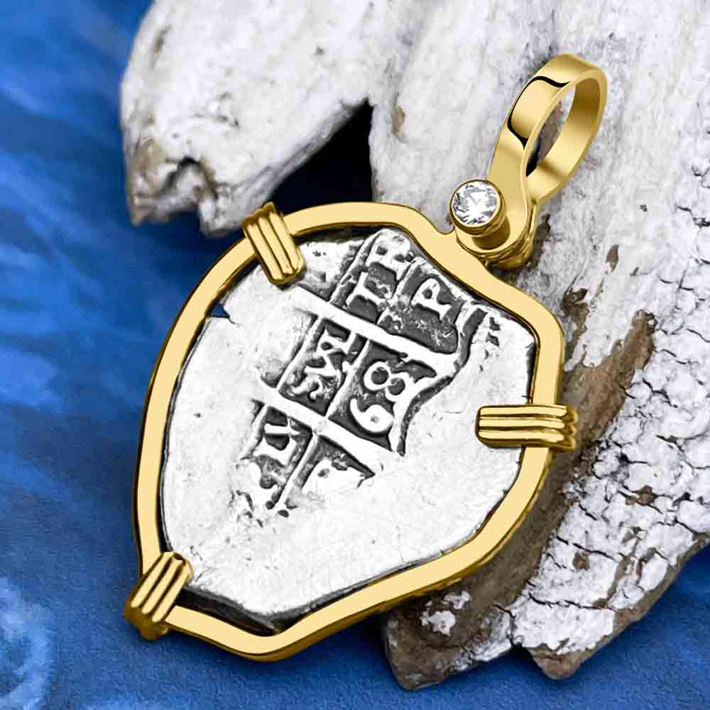 Heart Shaped Dated 1668 Consolacion Shipwreck Pirate Era 1 Reale Cob 14K Gold and Double Diamond Pendant 