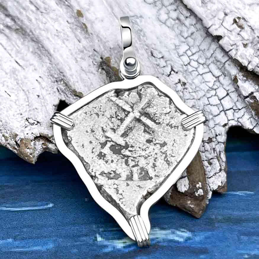 Heart Shaped Dated 1715 Fleet Shipwreck Spanish 1 Reale &quot;Piece of 8&quot; Sterling Silver Pendant