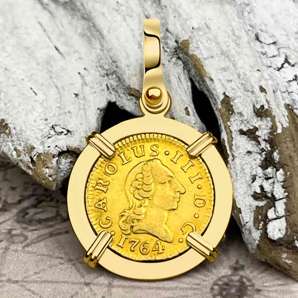 1764 Spanish Gold Portrait Half Escudo - the Legendary Pirate Era Doubloon - 18K Gold Pendant 