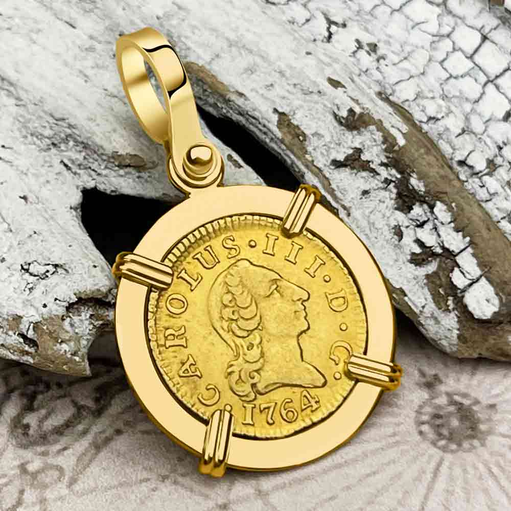 1764 Spanish Gold Portrait Half Escudo - the Legendary Pirate Era Doubloon - 18K Gold Pendant 