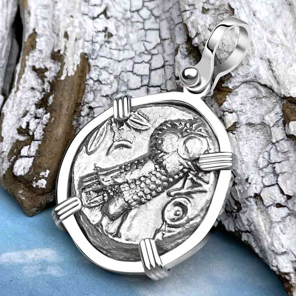 Ancient Greek Athena and the Owl Silver Tetradrachm circa 350 BC Sterling Pendant 