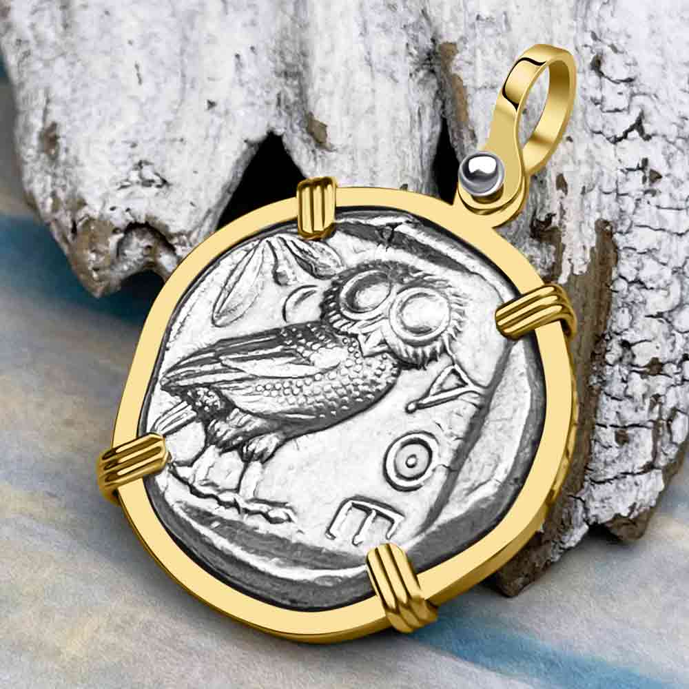 Ancient Greek Athena and the Owl Silver Tetradrachm circa 450 BC 14K Gold Pendant