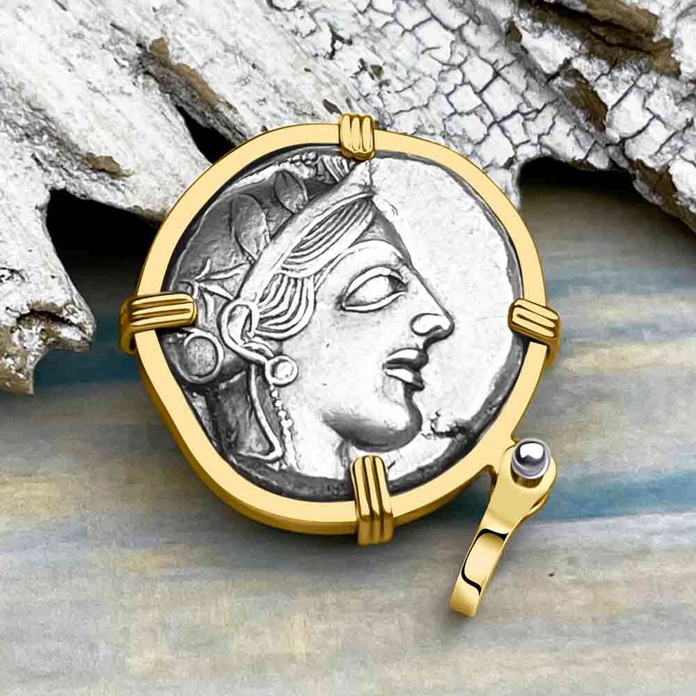 Ancient Greek Athena and the Owl Silver Tetradrachm circa 450 BC 14K Gold Pendant