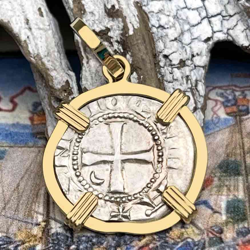 Templar Knights Era Antioch Crusader Medieval Silver Denier &quot;Helmet Head&quot; Coin of the Crusades 14K Gold Pendant