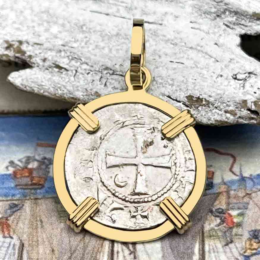 Templar Knights Era Antioch Crusader Medieval Silver Denier "Helmet Head" Coin of the Crusades 14K Gold Pendant
