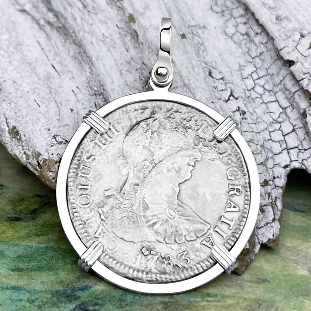El Cazador Shipwreck 1783 2 Reale &quot;Piece of 8&quot; Silver Treasure Coin Sterling Silver Pendant