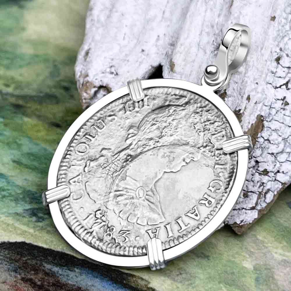 El Cazador Shipwreck 1783 2 Reale &quot;Piece of 8&quot; Silver Treasure Coin Sterling Silver Pendant