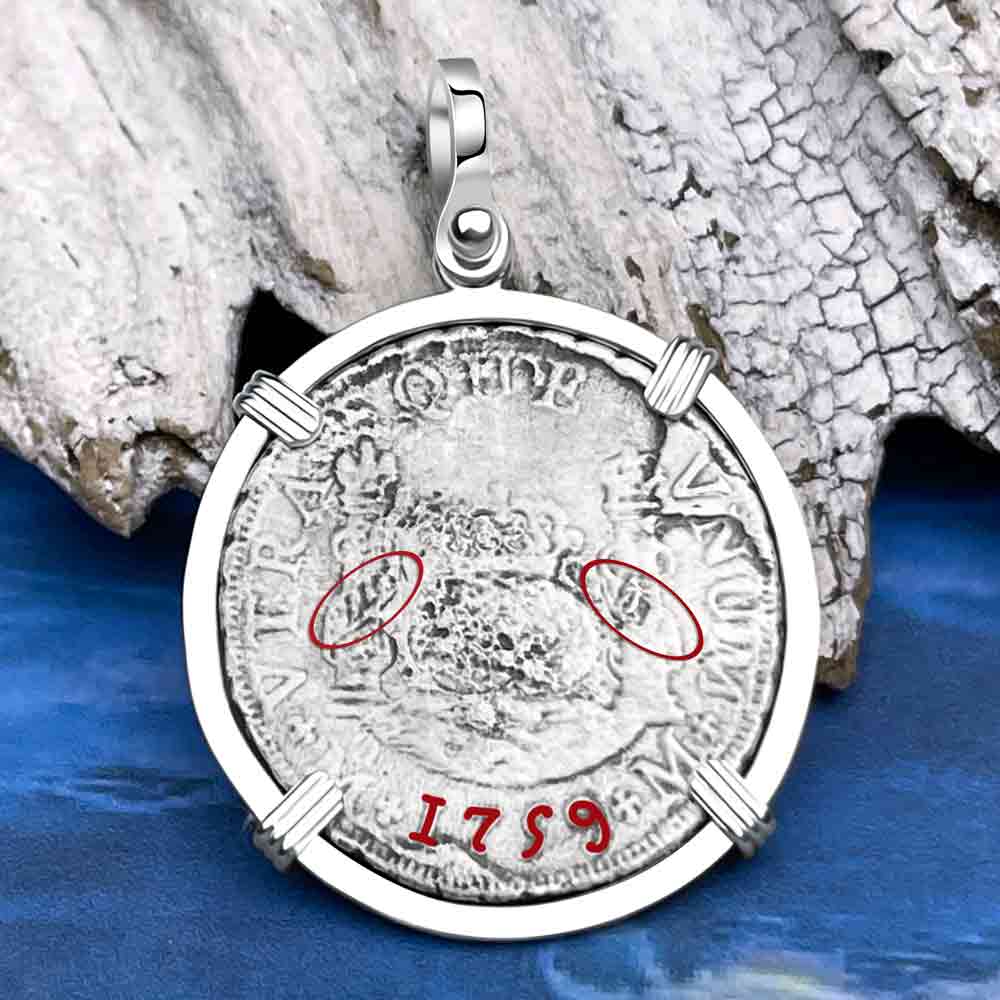 El Cazador Shipwreck Rare 1759 Pillar Dollar 2 Reale Sterling Silver Treasure Coin Pendant