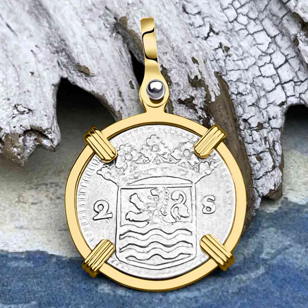 VOC - Dutch East India Company 1735 Silver 2 Stuiver "I Struggle and Survive" Lion Coin 14K Gold Pendant