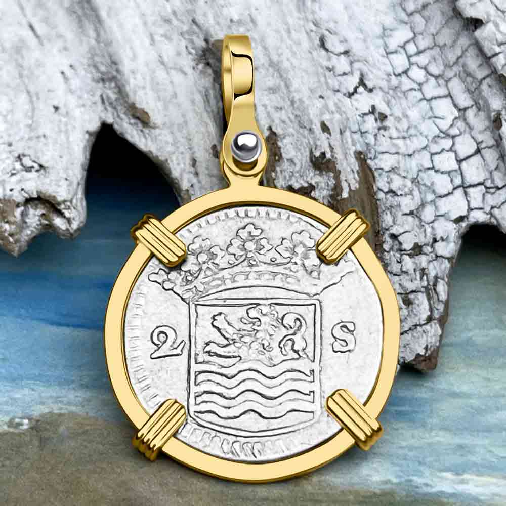 VOC - Dutch East India Company 1733 Silver 2 Stuiver "I Struggle and Survive" Lion Coin 14K Gold Pendant