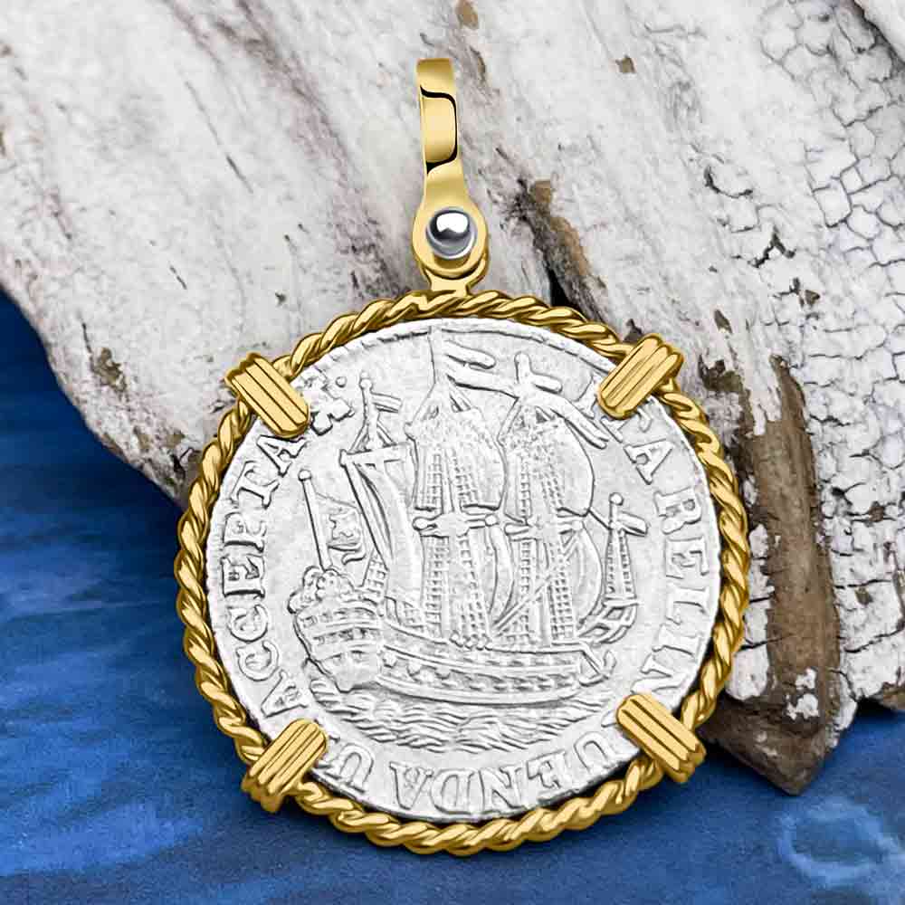 Dutch East India Company 1769 Silver 6 Stuiver Ship Shilling "I Struggle and Survive" 14K Gold Pendant