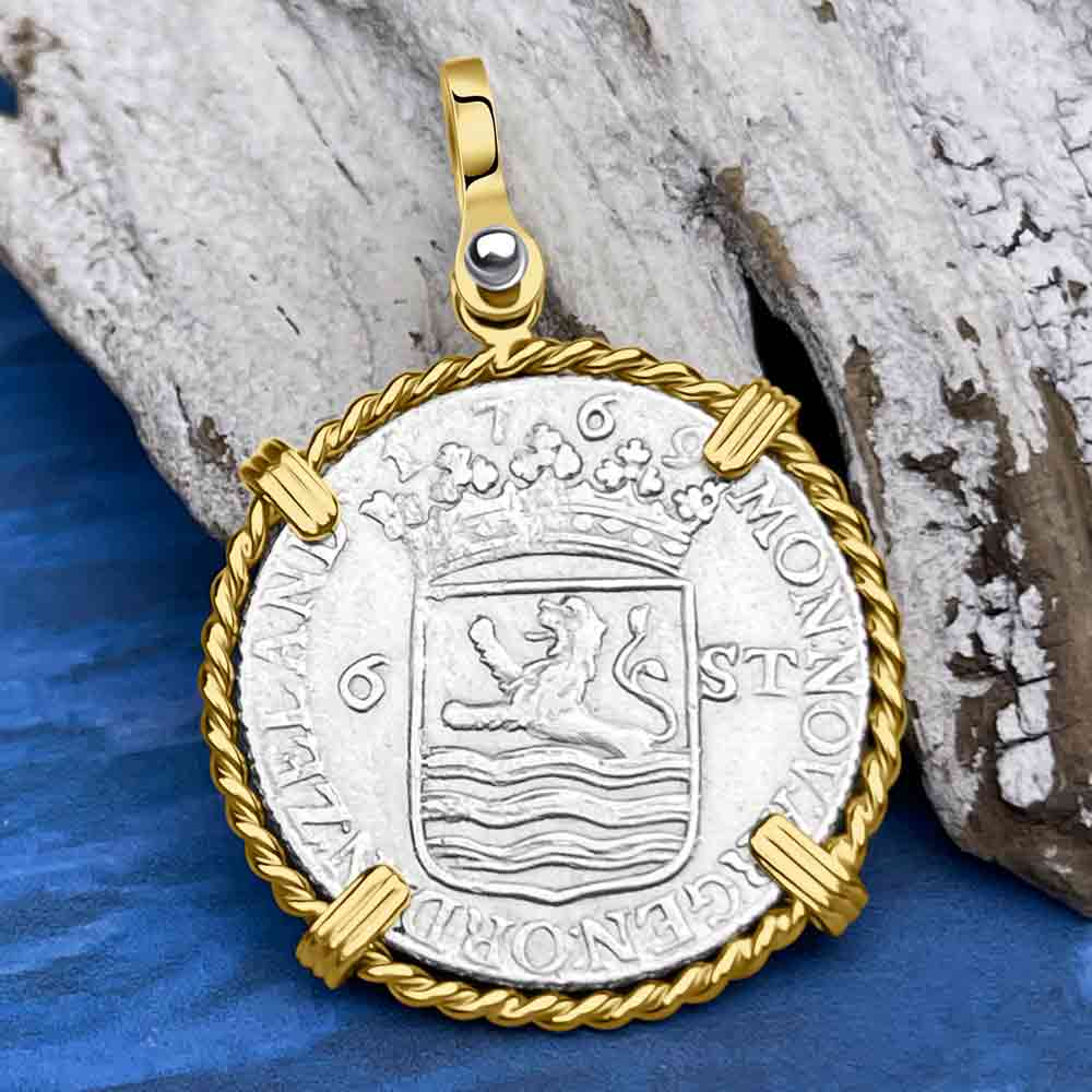 Dutch East India Company 1769 Silver 6 Stuiver Ship Shilling &quot;I Struggle and Survive&quot; 14K Gold Pendant