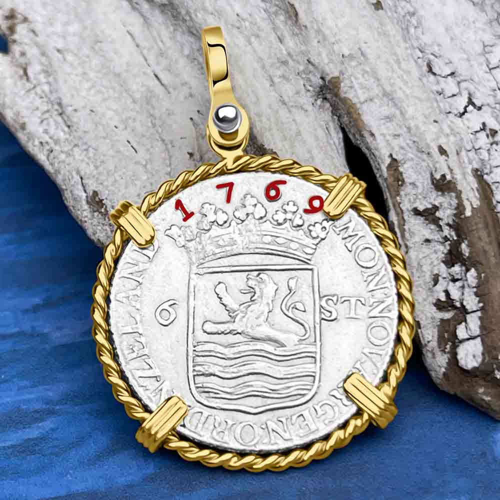 Dutch East India Company 1769 Silver 6 Stuiver Ship Shilling &quot;I Struggle and Survive&quot; 14K Gold Pendant