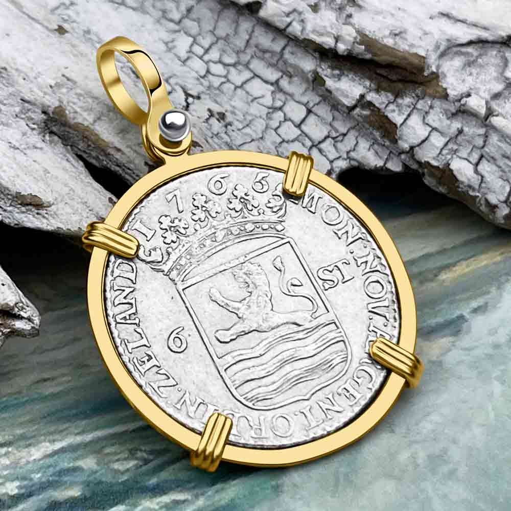 Dutch East India Company 1765 Silver 6 Stuiver Ship Shilling &quot;I Struggle and Survive&quot; 14K Gold Pendant