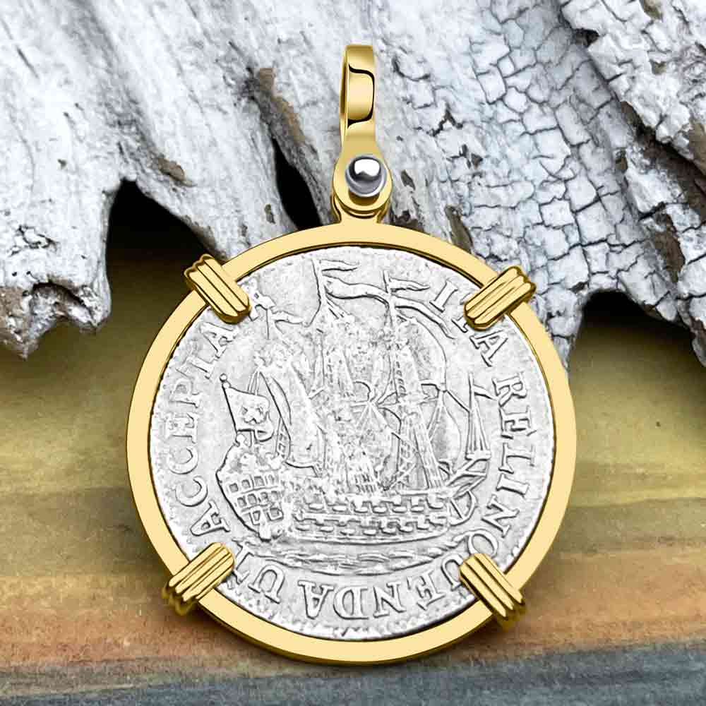 Dutch East India Company 1785 Silver 6 Stuiver Ship Shilling "I Struggle and Survive" 14K Gold Pendant