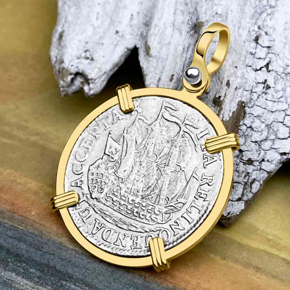Dutch East India Company 1785 Silver 6 Stuiver Ship Shilling "I Struggle and Survive" 14K Gold Pendant