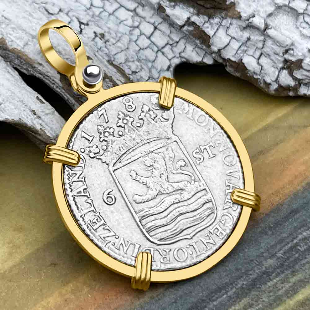 Dutch East India Company 1785 Silver 6 Stuiver Ship Shilling &quot;I Struggle and Survive&quot; 14K Gold Pendant