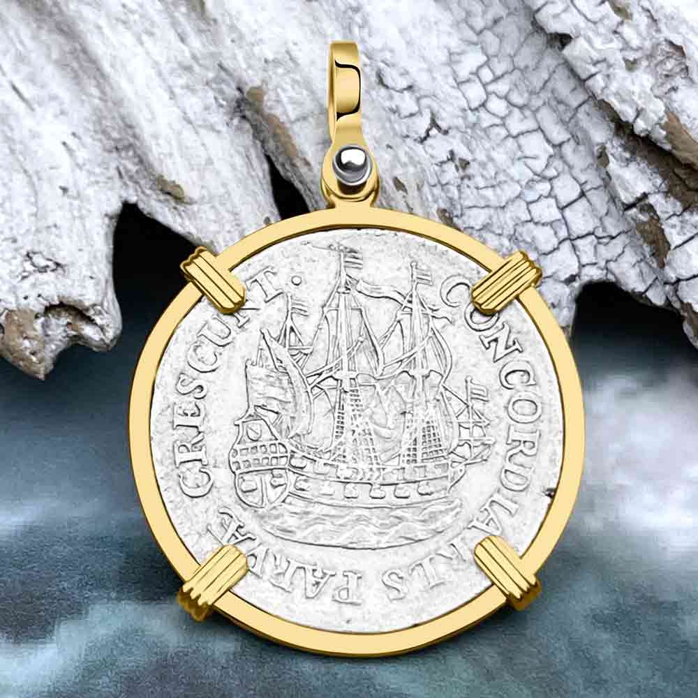 Dutch East India Company 1761 Silver 6 Stuiver Ship Shilling "Through Union Small Things Grow" 14K Gold Pendant 