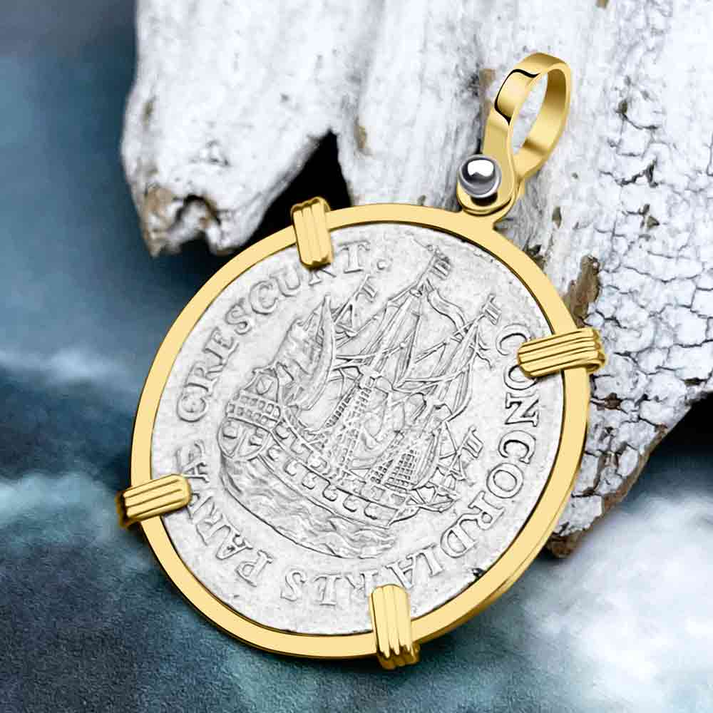 Dutch East India Company 1761 Silver 6 Stuiver Ship Shilling "Through Union Small Things Grow" 14K Gold Pendant 