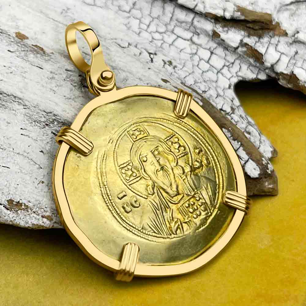  Byzantine Jesus Christ Histamenon Gold Coin Circa 1071 AD 18K Gold Pendant 
