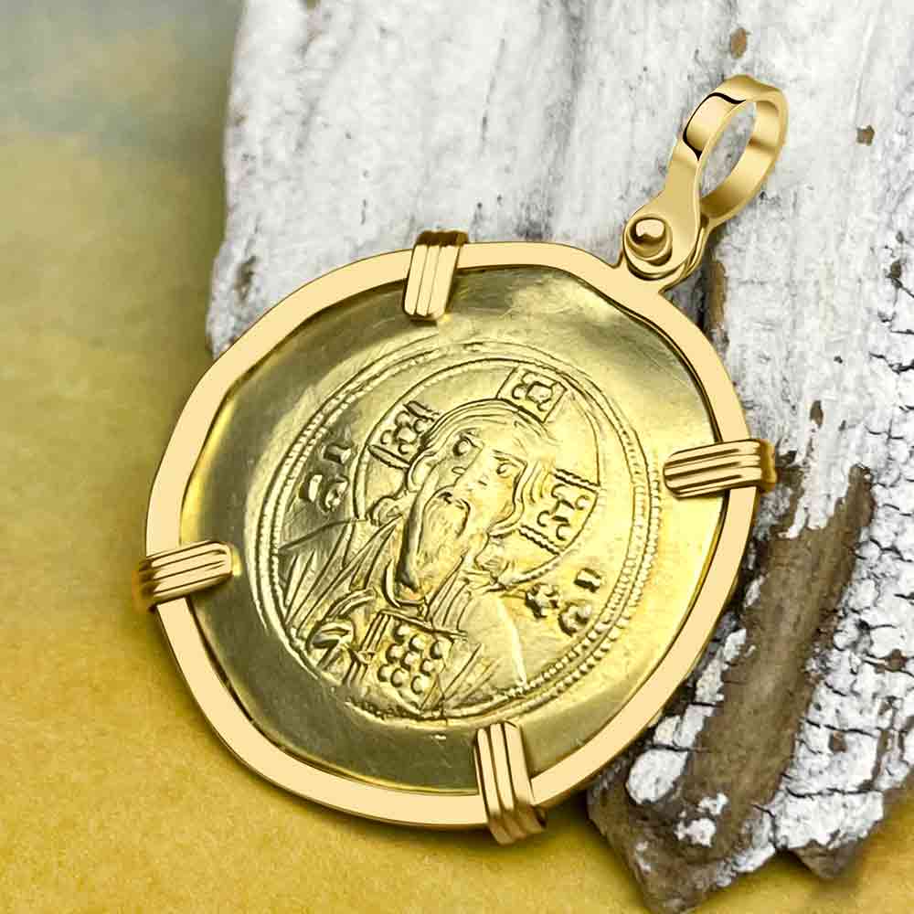  Byzantine Jesus Christ Histamenon Gold Coin Circa 1071 AD 18K Gold Pendant 