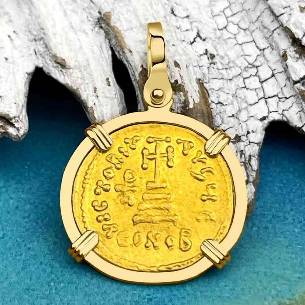 Byzantine Empire 24K Gold Cross Solidus Coin Circa 610 AD in 18K Gold Pendant