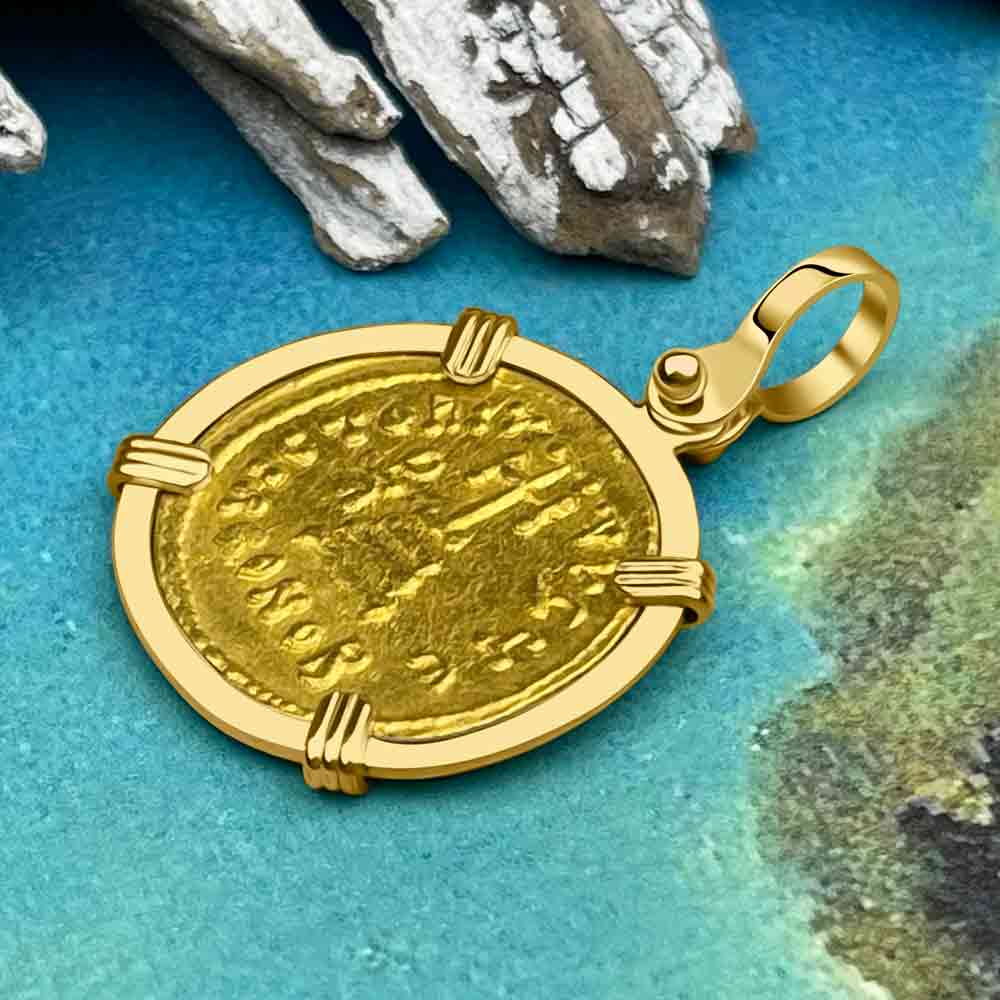 Byzantine Empire 24K Gold Cross Solidus Coin Circa 610 AD in 18K Gold Pendant
