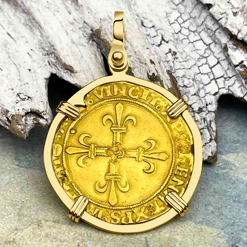 Medieval France Royal 22K Gold Ecu d&#39;or de Dauphine Cross &amp; Dolphin Coin Francis I circa 1515 in an 18K Gold Pendant