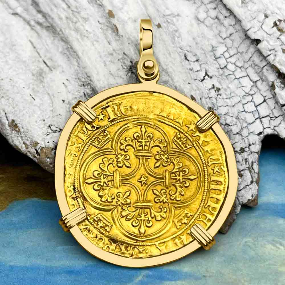 Medieval France Royal 22K Gold Ecu d&#39;or Cross Coin of Charles VI circa 1380 in an 18K Gold Pendant