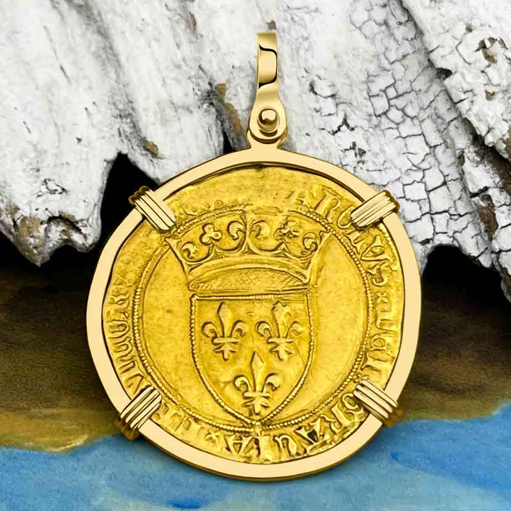 Medieval France Royal 22K Gold Ecu d&#39;or Cross Coin of Charles VI circa 1380 in an 18K Gold Pendant