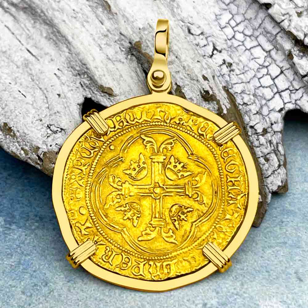 Medieval France Royal 22K Gold Ecu d'or Cross Coin of Charles VII circa 1436 in an 18K Gold Pendant 