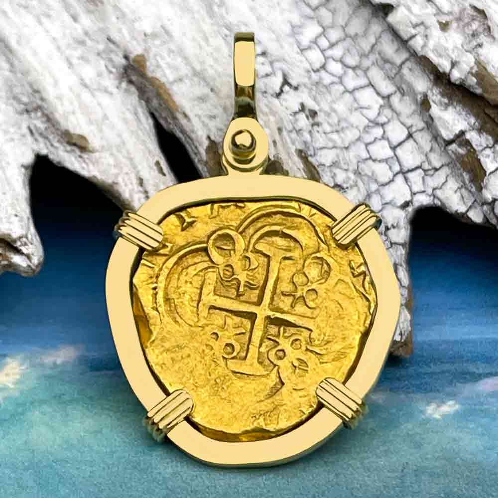 Legendary, Exquisite and Rare, 1715 Fleet Shipwreck 22K Gold Bogota, Colombia 2 Escudo Doubloon Pendant with Royal Pedigree