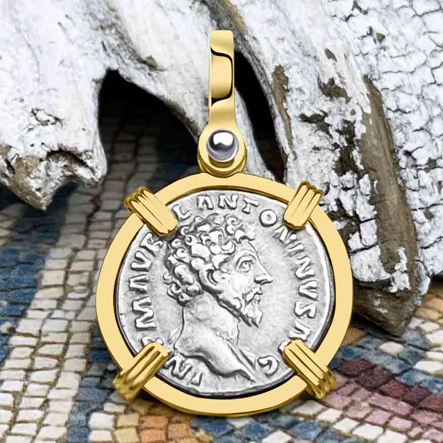Roman Empire Silver Denarius Coin of Marcus Aurelius, the Philosopher Warrior 161 AD 14K Gold Pendant