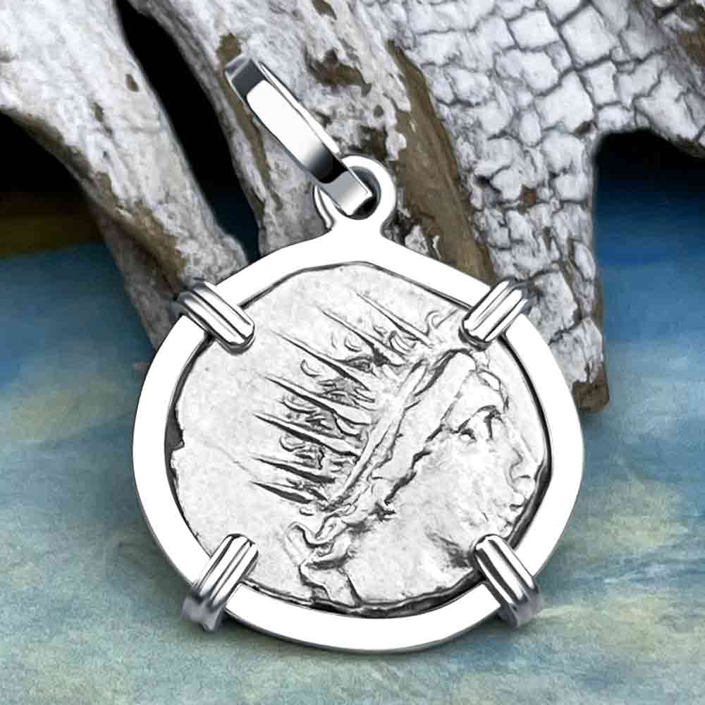 Ancient Greek Isle of Rhodes Helios the Sun God &amp; Rose Drachm 88 BC Coin Sterling Silver Pendant