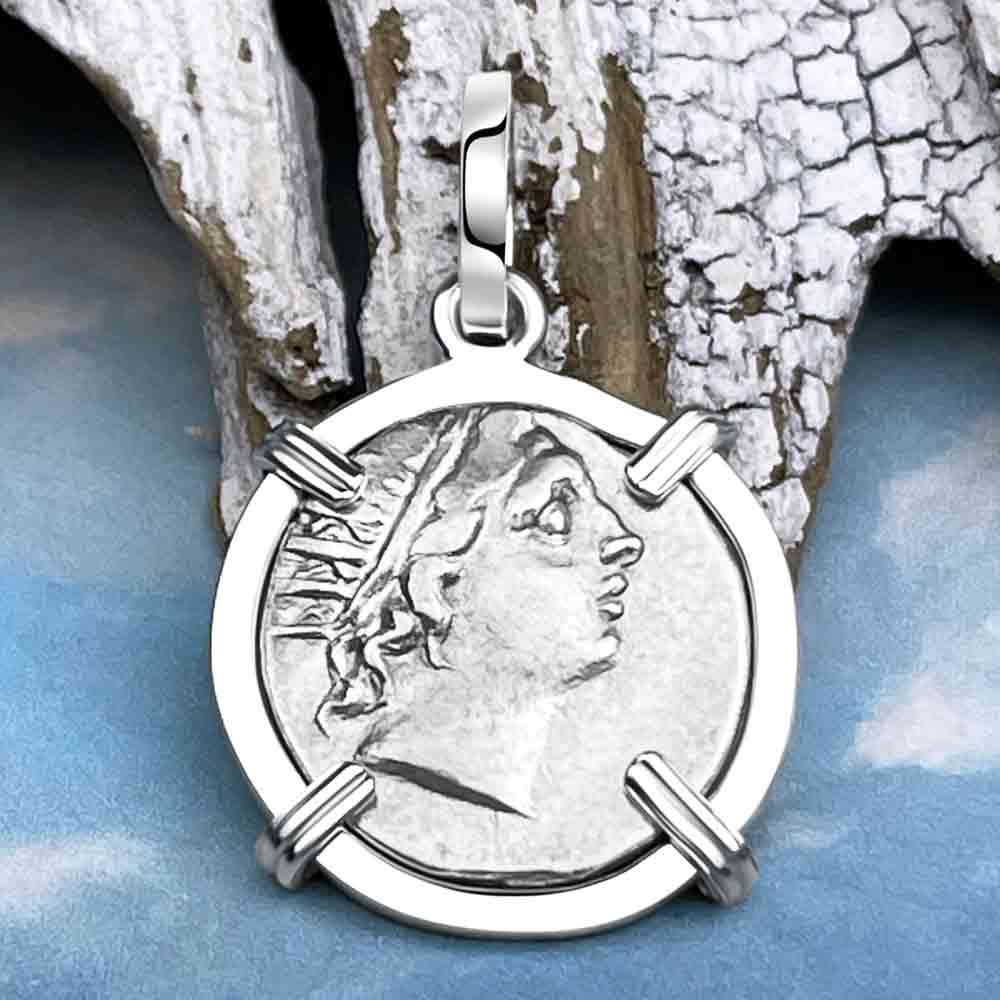 Ancient Greek Isle of Rhodes Helios the Sun God &amp; Rose Drachm 88 BC Coin Sterling Silver Pendant | Artifact #6825