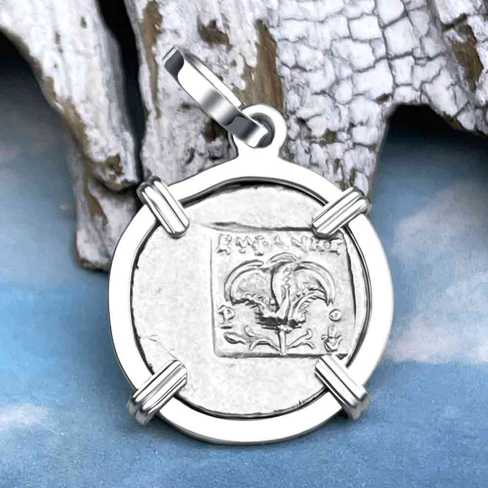 Ancient Greek Isle of Rhodes Helios the Sun God &amp; Rose Drachm 88 BC Coin Sterling Silver Pendant | Artifact #6825
