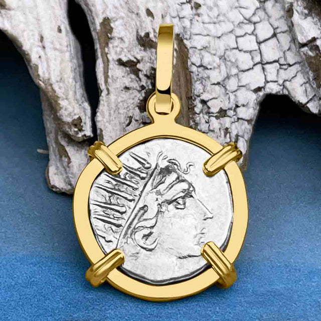 Ancient Greek Isle of Rhodes Helios the Sun God & Rose Drachm 88 BC Coin 14K Gold Pendant