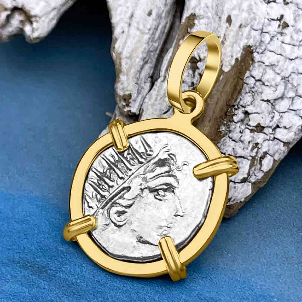 Ancient Greek Isle of Rhodes Helios the Sun God &amp; Rose Drachm 88 BC Coin 14K Gold Pendant
