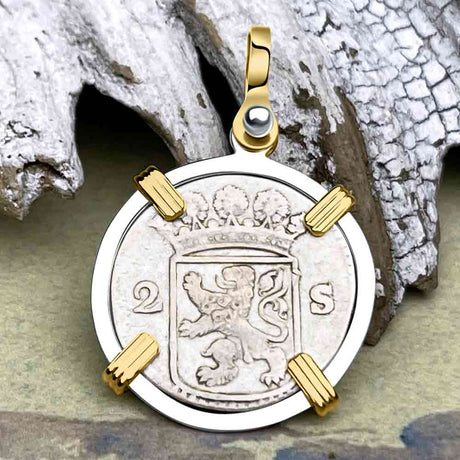 VOC - Dutch East India Company 1731 Silver 2 Stuiver Lion Coin 14K Gold and Sterling Silver Pendant