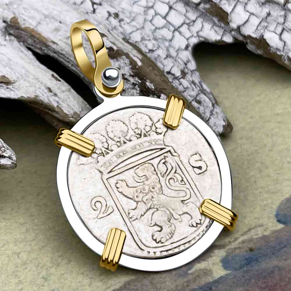 VOC - Dutch East India Company 1731 Silver 2 Stuiver Lion Coin 14K Gold and Sterling Silver Pendant