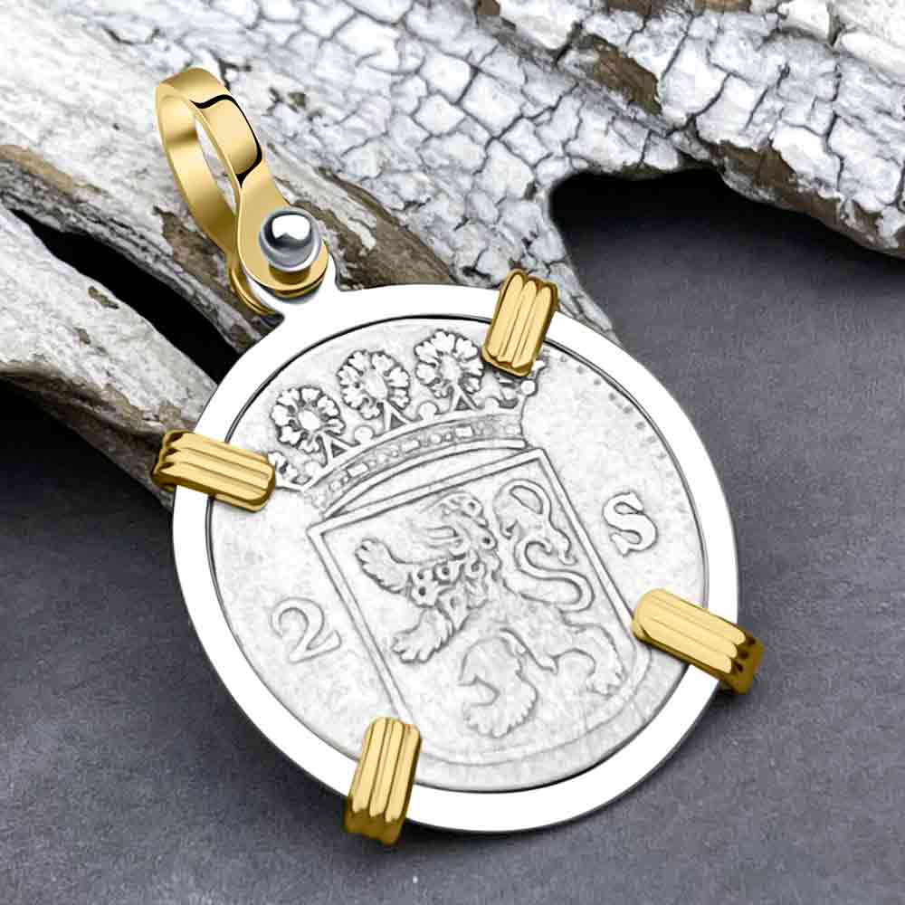 VOC - Dutch East India Company 1760 Silver 2 Stuiver Lion Coin 14K Gold and Sterling Silver Pendant