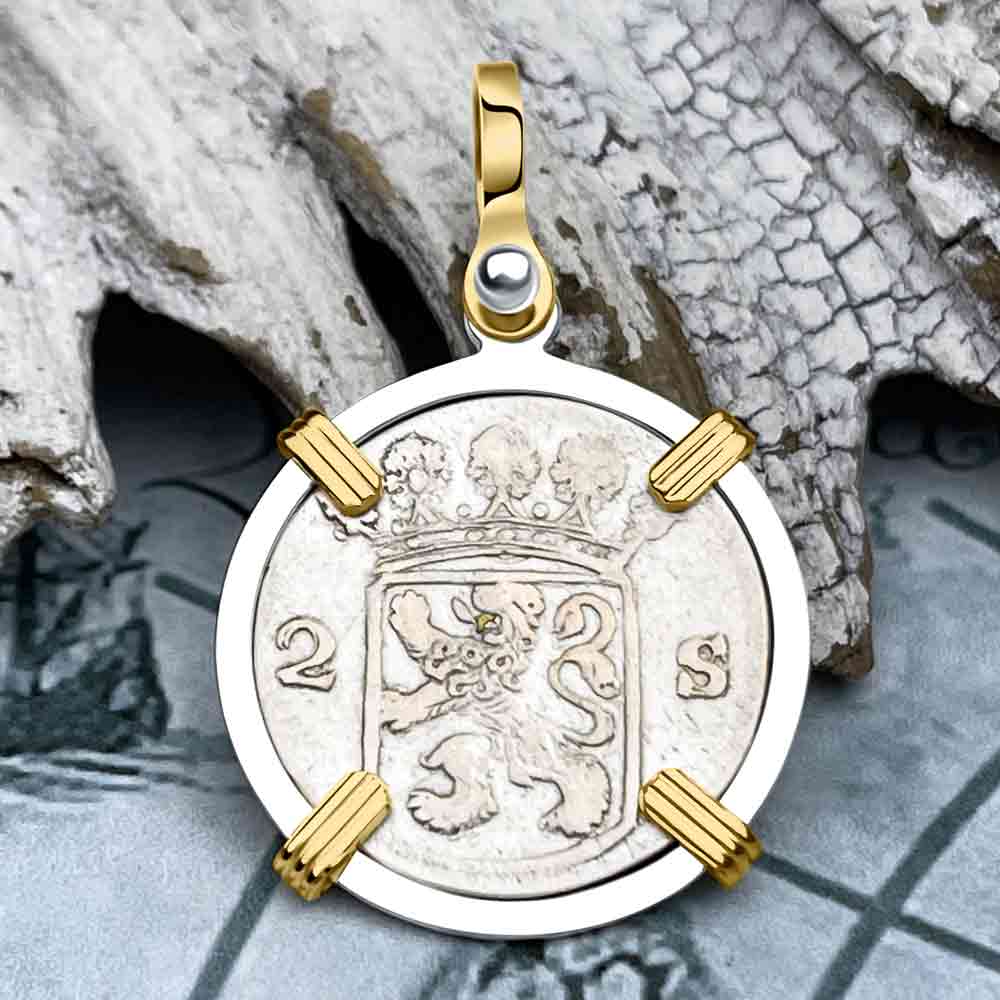 VOC - Dutch East India Company 1780 Silver 2 Stuiver Lion Coin 14K Gold and Sterling Silver Pendant
