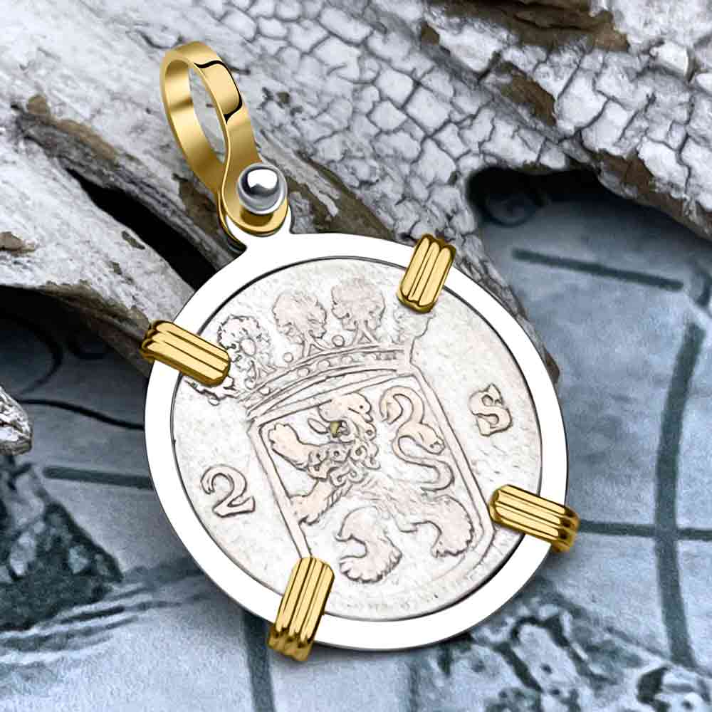 VOC - Dutch East India Company 1780 Silver 2 Stuiver Lion Coin 14K Gold and Sterling Silver Pendant