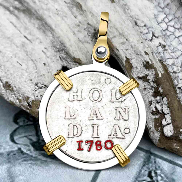 VOC - Dutch East India Company 1780 Silver 2 Stuiver Lion Coin 14K Gold and Sterling Silver Pendant