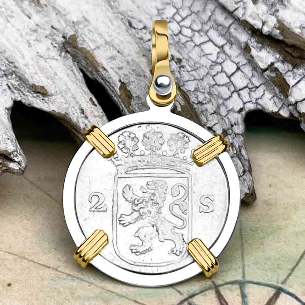 VOC - Dutch East India Company 1769 Silver 2 Stuiver Lion Coin 14K Gold and Sterling Silver Pendant