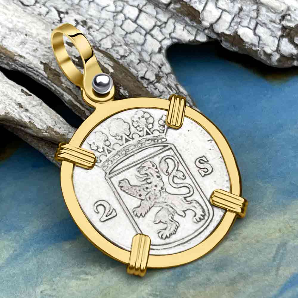 VOC - Dutch East India Company 1750 Silver 2 Stuiver Lion Coin 14K Gold Pendant | Artifact #6841